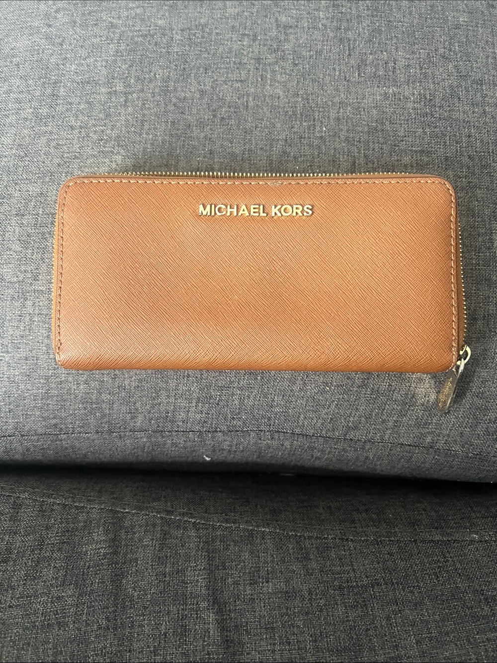 Michael Kors Tan Leather Zip Wallet with Gold Logo